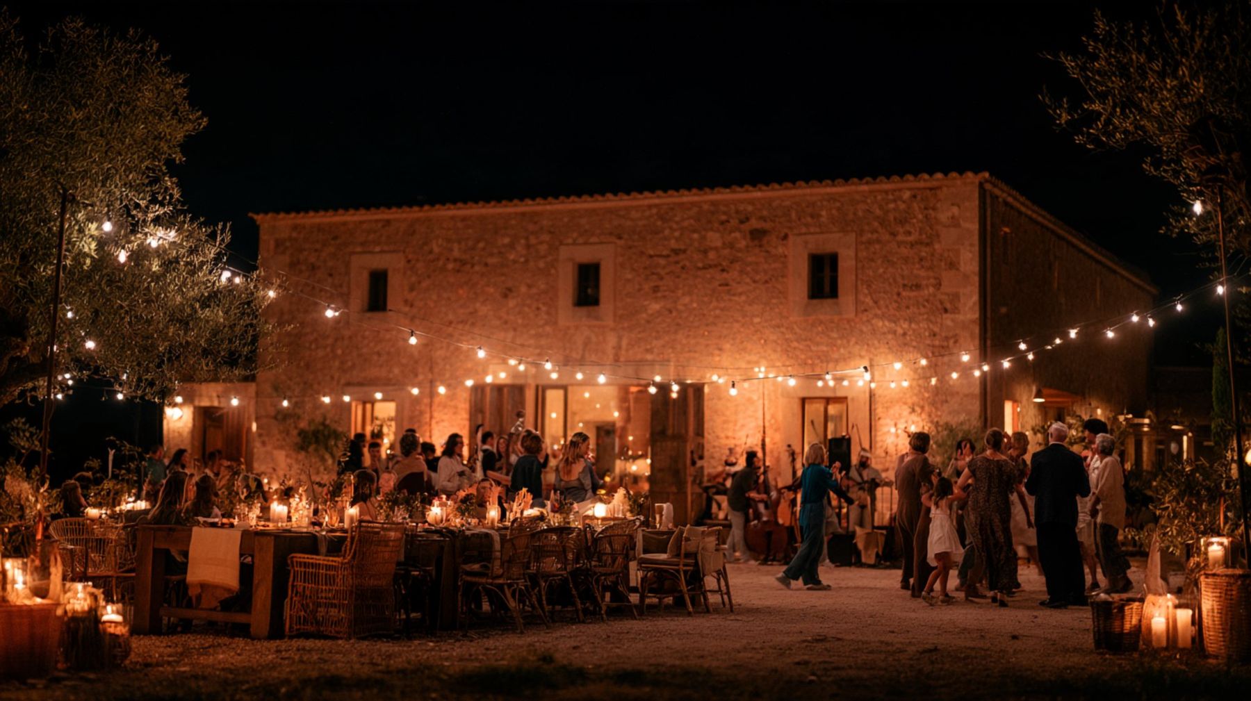 Community feast at a stone barn under string lights