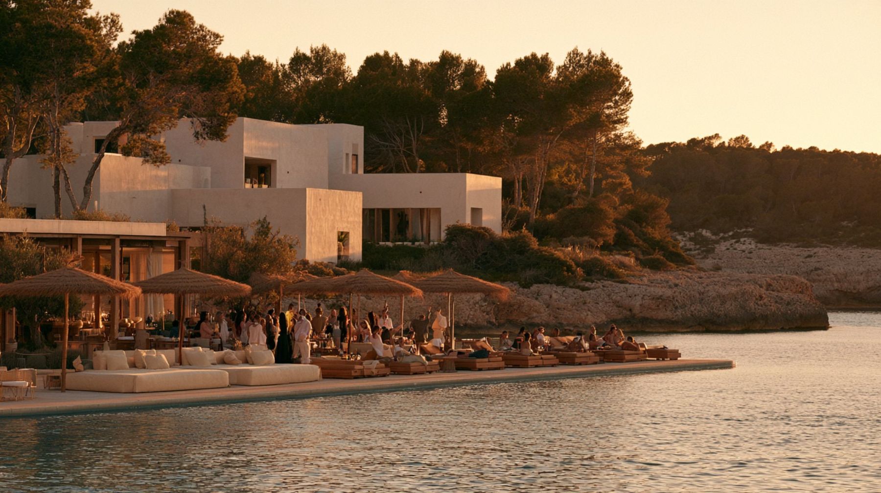 White beach hotel among pines on a cove at sunset, guests on daybeds by the water