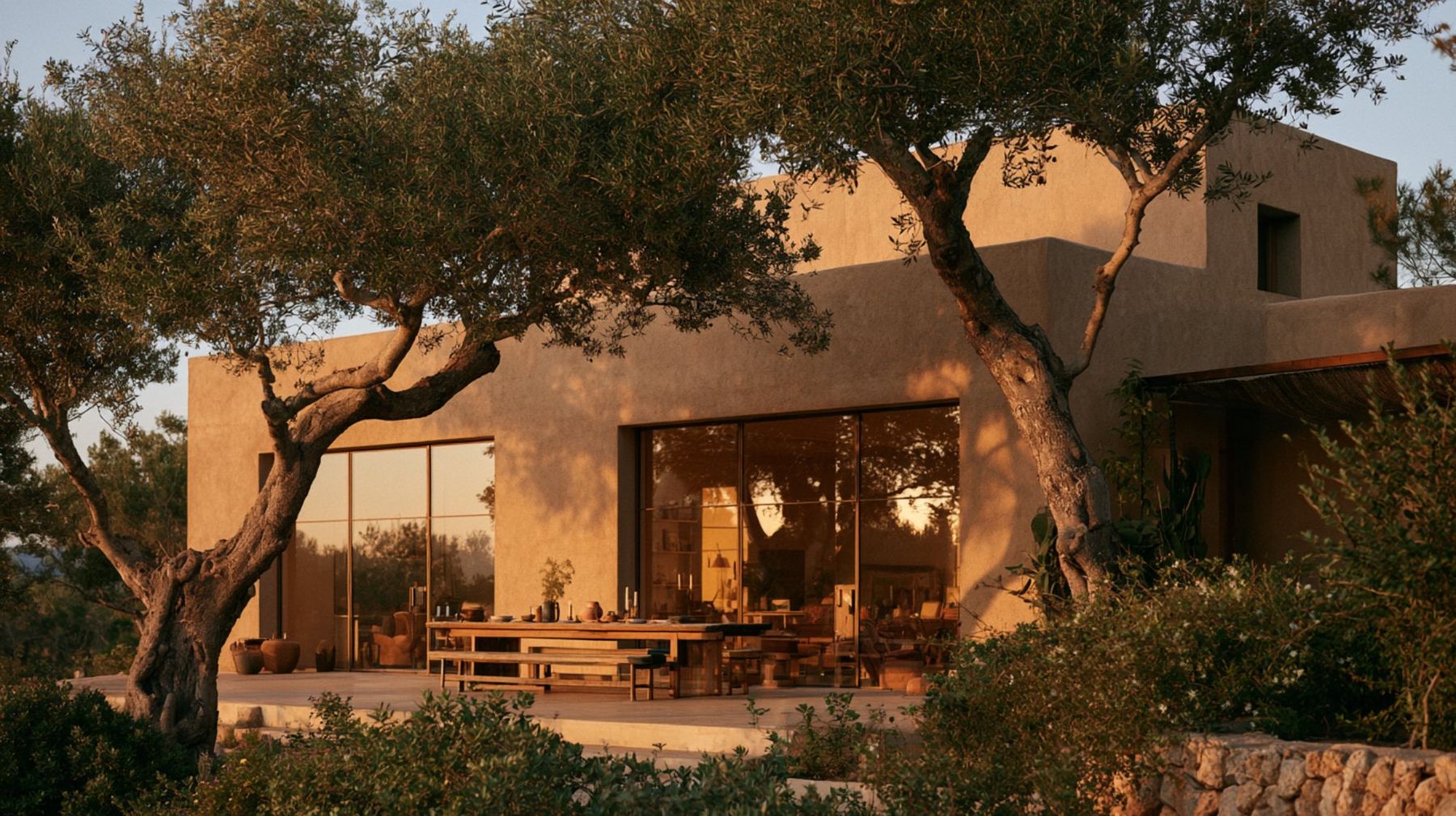 Sand-coloured earth and lime pavilions among almond trees, people at a long table at golden hour
