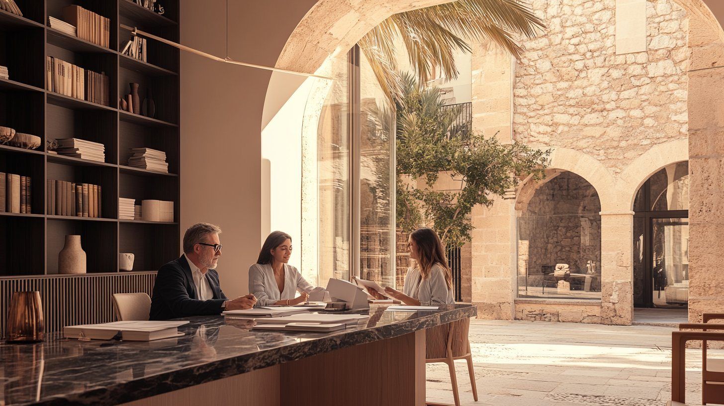 A light, stone-arched studio in Palma with a long table and shelves