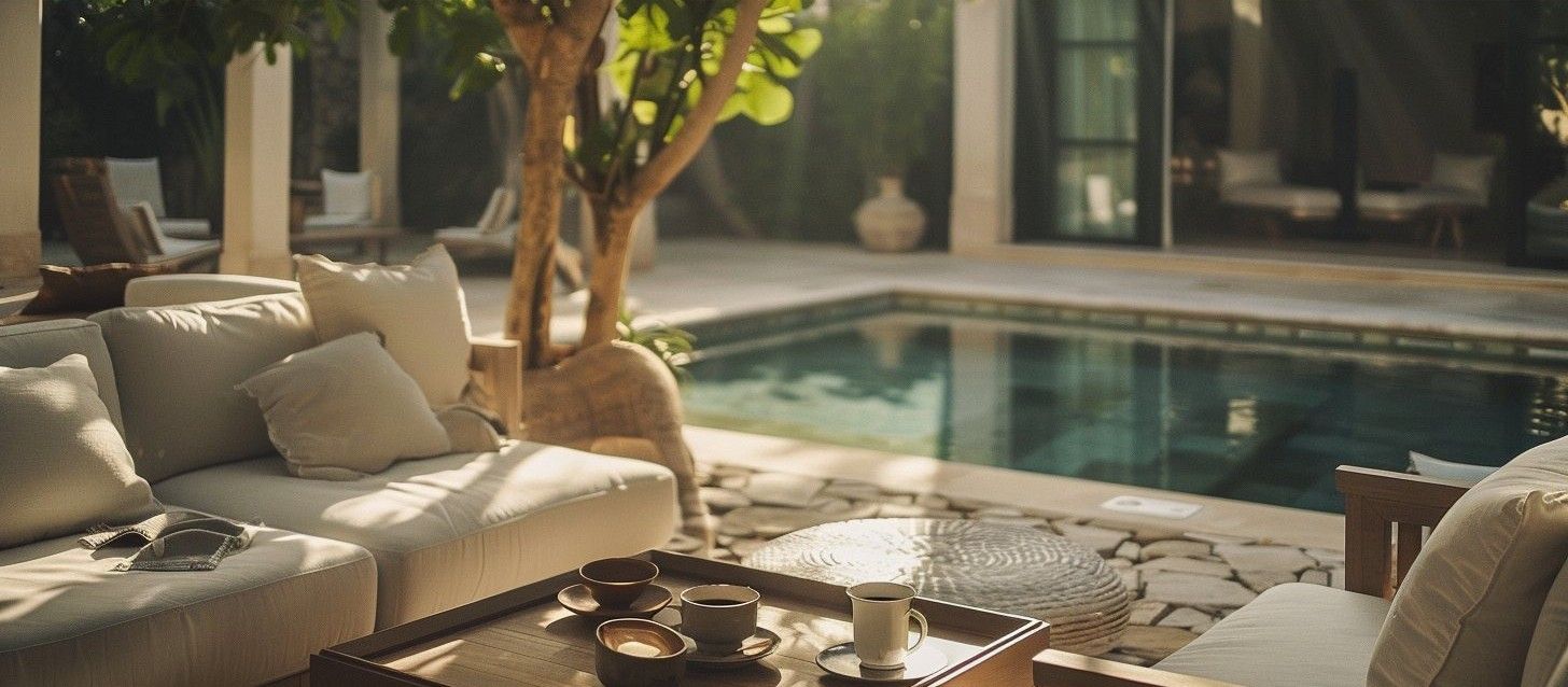 Linen sofas by the pool under an olive tree
