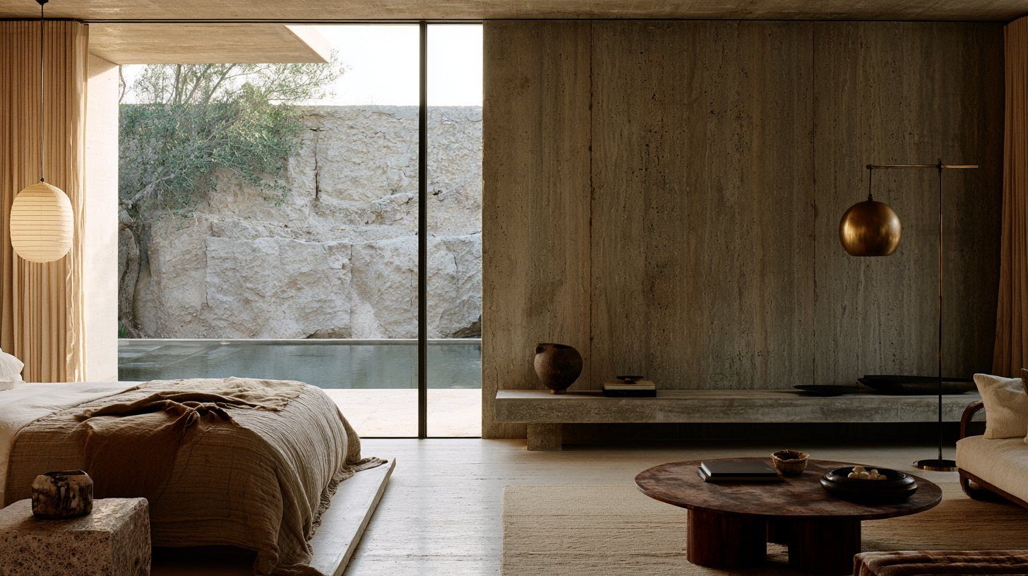 Calm bedroom of raw plaster and timber opening onto a pool before a rock wall