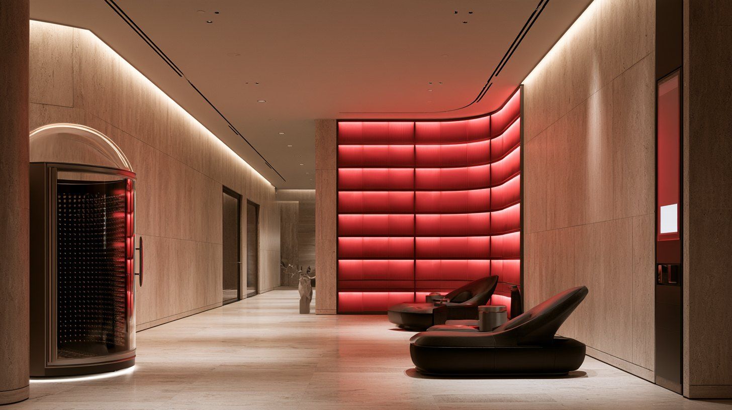 Design spa with a sauna capsule, red light wall and loungers
