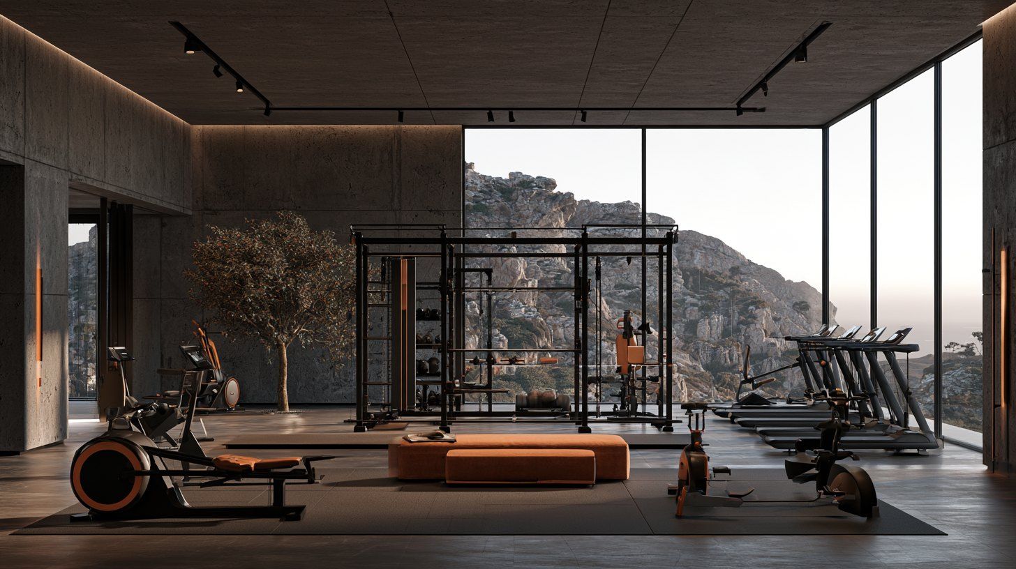 Gym with a glass wall onto the cliffs and the sea