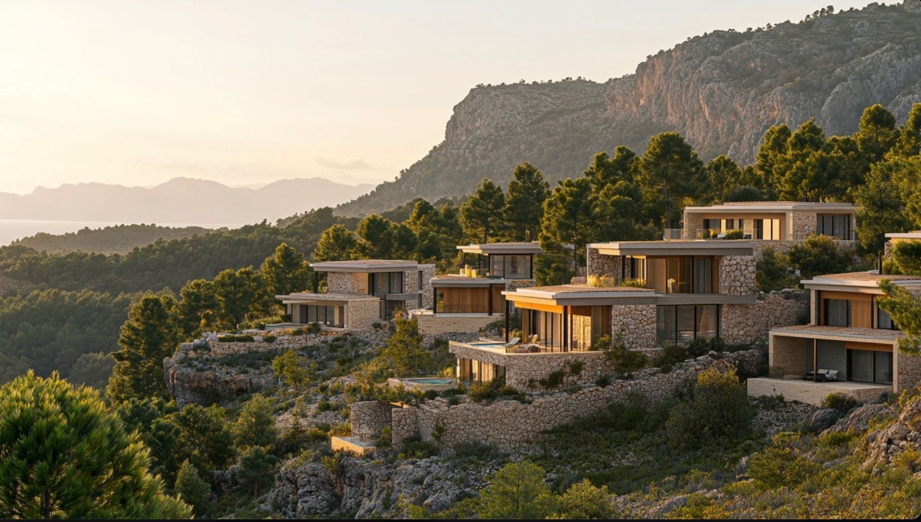 A hillside of signature villas among pines with mountains behind