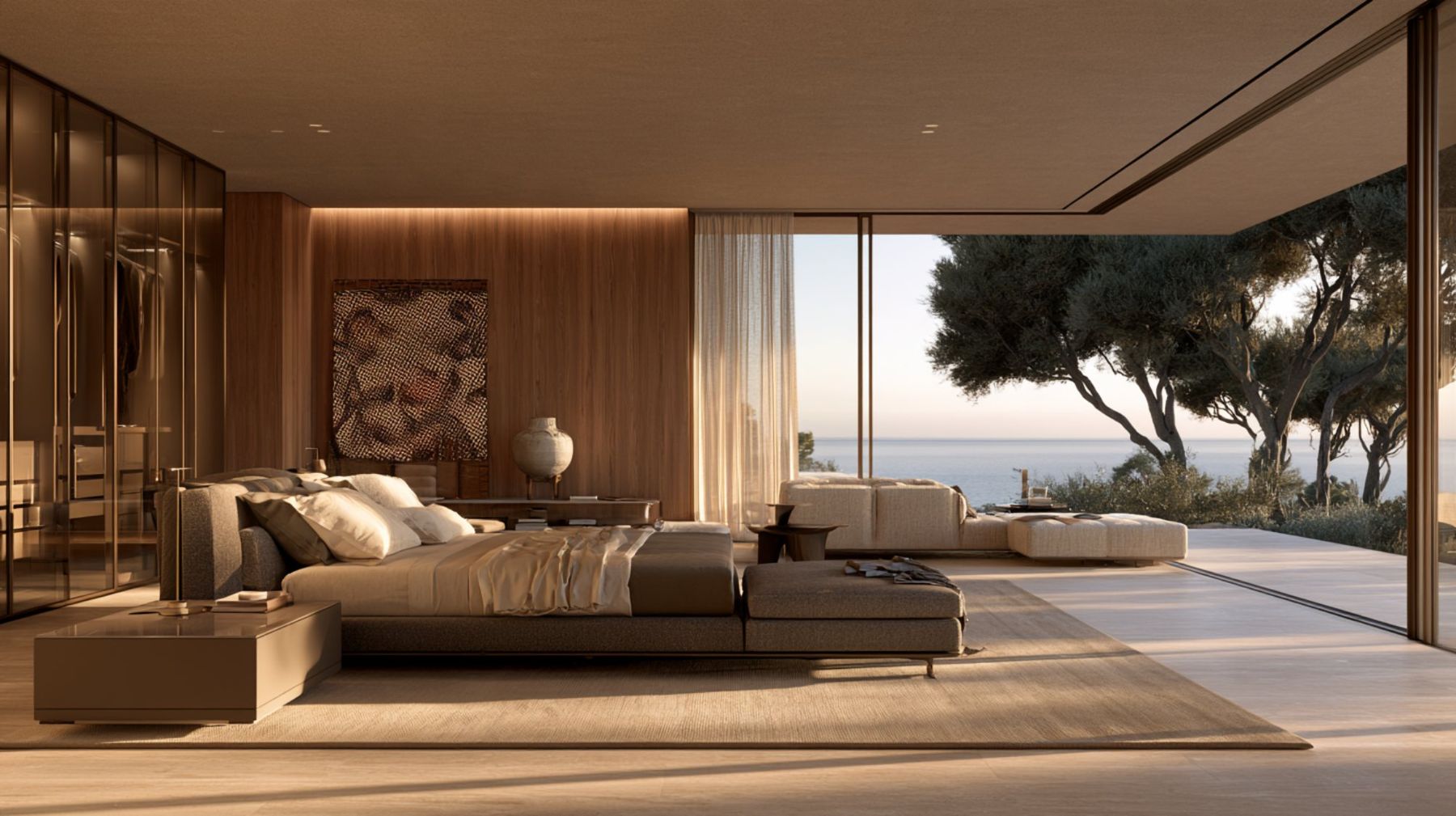 Master bedroom with a sculptural bed and pop art