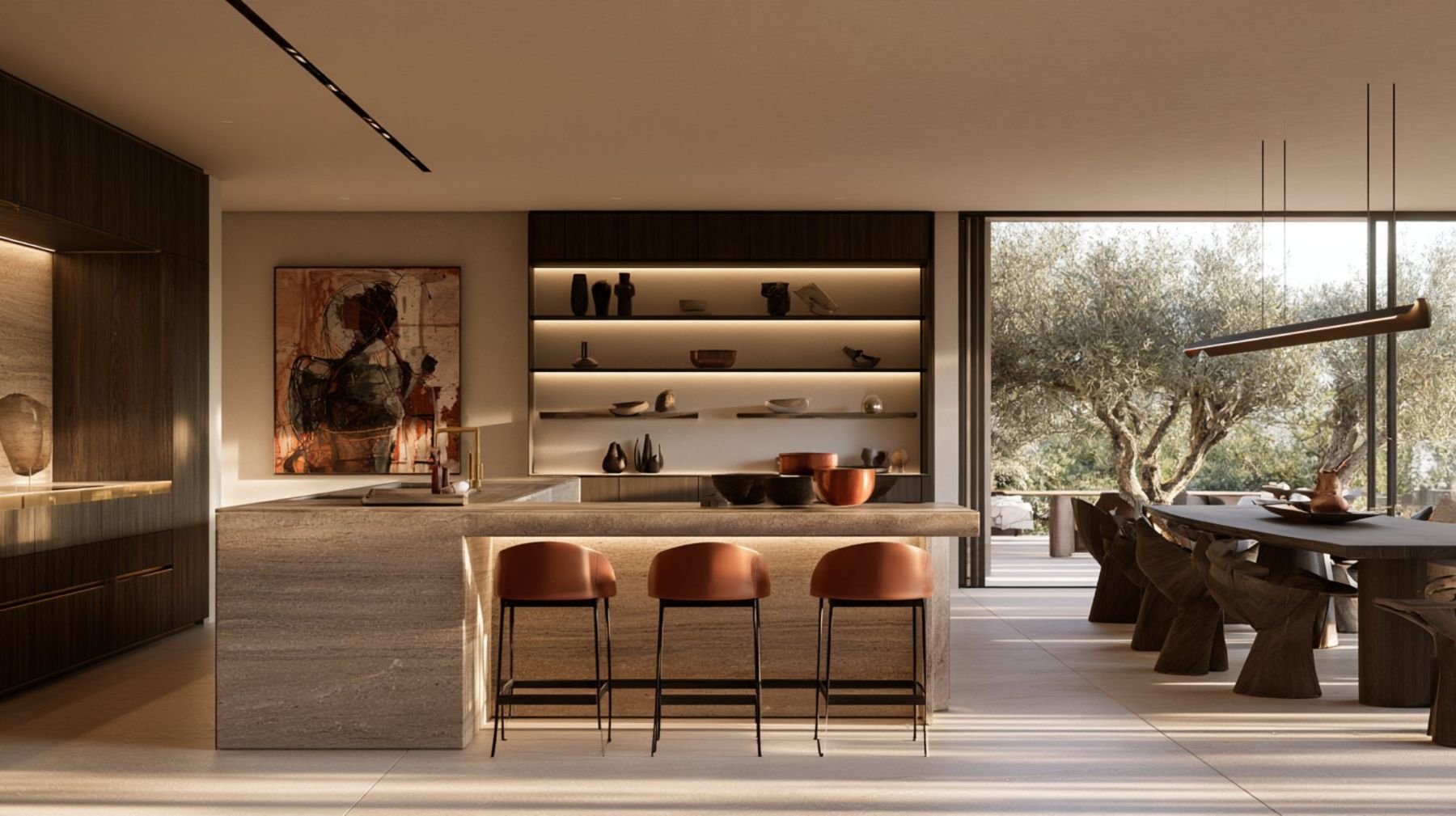 Kitchen with travertine island and cognac leather stools