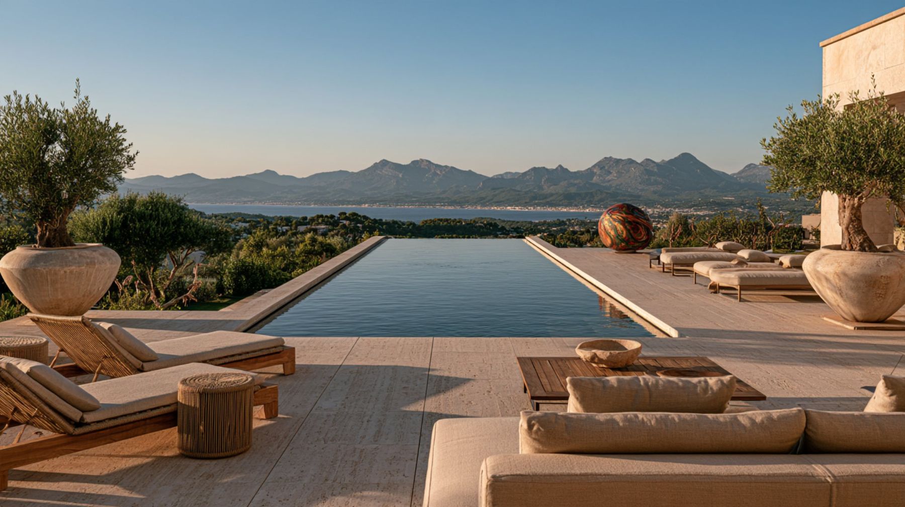 Pool terrace with teak loungers above the Bay of Palma