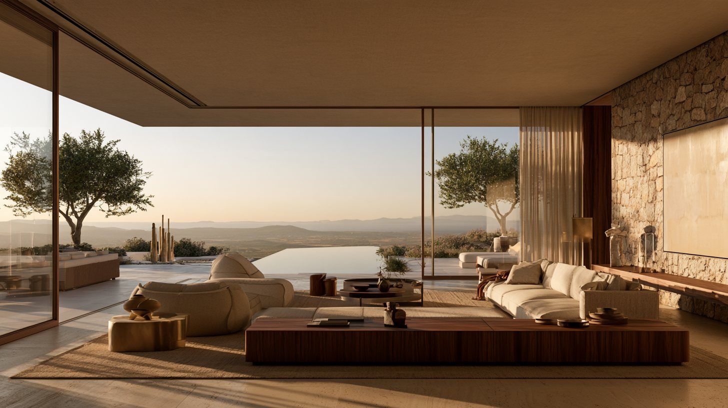 Open living room with a dry stone wall, linen sofas and a long timber bench, sliding glass onto an infinity pool and the hills at sunset